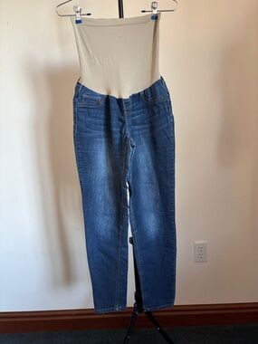 Indigo Blue High-Waist Beige Panel Maternity Jeggings - Blue Denim